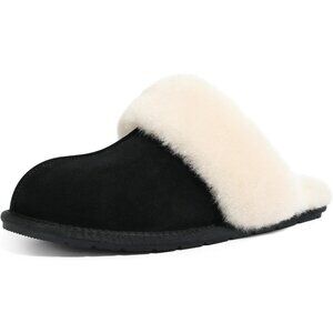 Women's Black Leather Fuzzy Winter Warm Scuff House Cozy Slip On Slippers Shoes